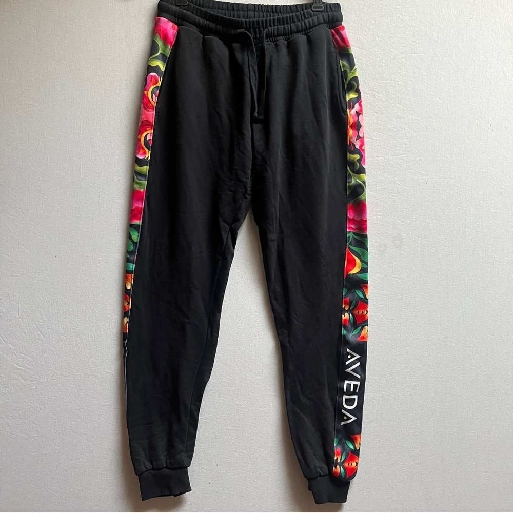 Aveda Organic Cotton Black Joggers Floral Side Panels M